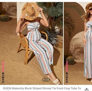 SHEIN Maternity Block Striped Shirred Tie Front Crop Tube Top & Pants